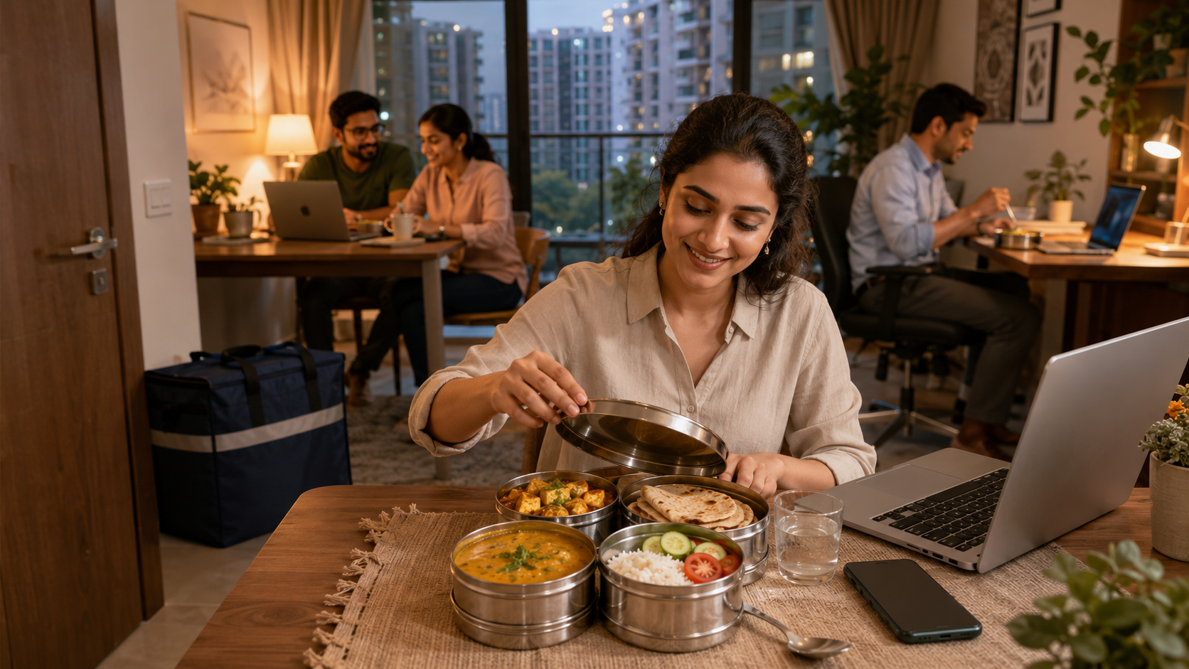 Young woman enjoying a RozRasoi home-style meal while working